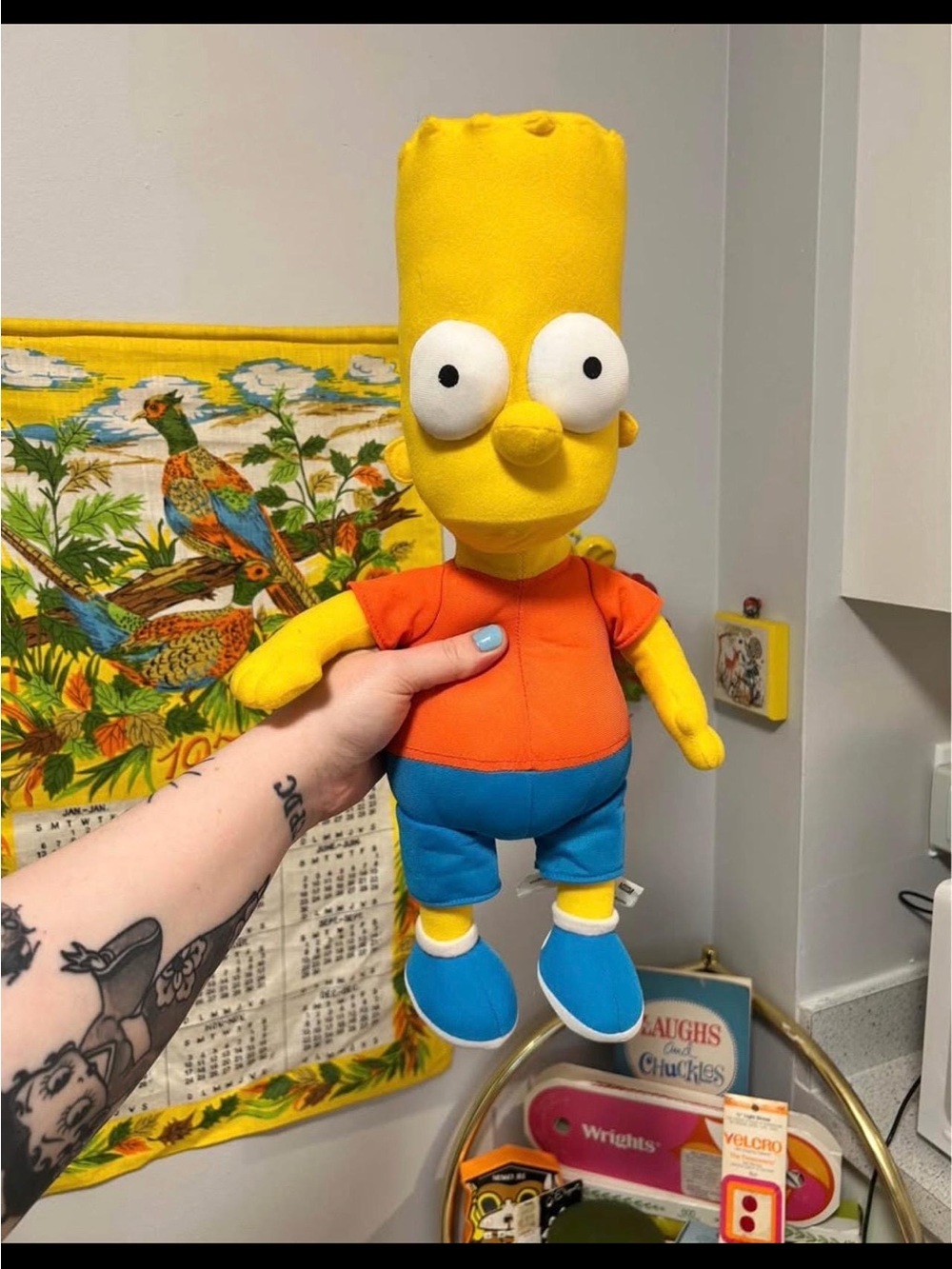 2005 Yellow Bart Simpson Plush Toy with Orange Shirt and Blue Pants